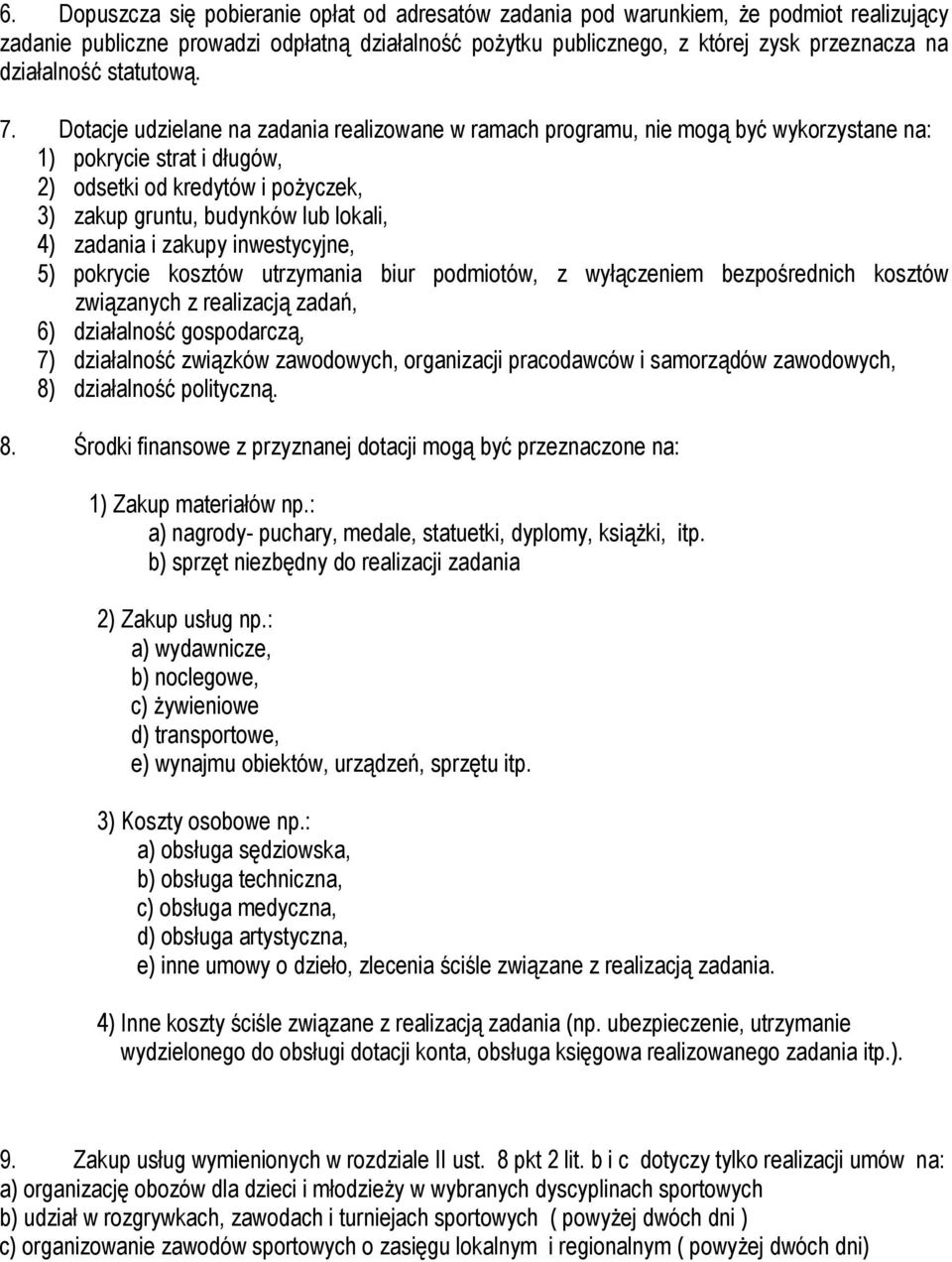 Dotacje udzielane na zadania realizowane w ramach programu, nie mogą być wykorzystane na: 1) pokrycie strat i długów, 2) odsetki od kredytów i pożyczek, 3) zakup gruntu, budynków lub lokali, 4)