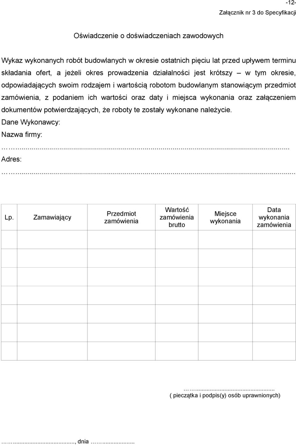 zamówienia, z podaniem ich wartości oraz daty i miejsca wykonania oraz załączeniem dokumentów potwierdzających, że roboty te zostały wykonane należycie.