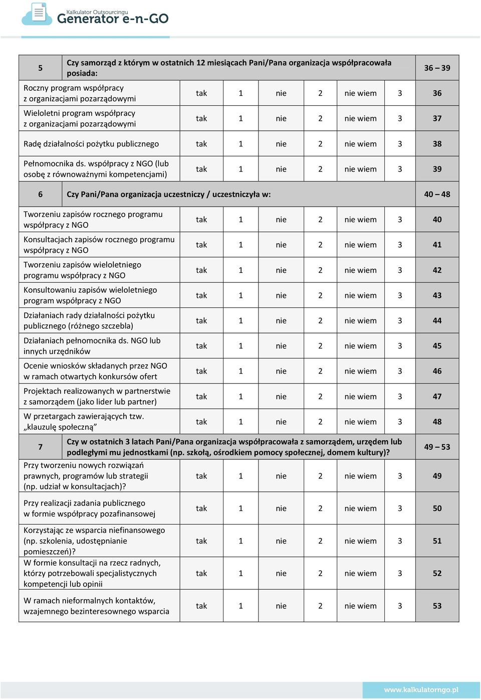 współpracy z NGO (lub osobę z równoważnymi kompetencjami) tak 1 nie 2 nie wiem 3 39 6 Czy Pani/Pana organizacja uczestniczy / uczestniczyła w: 40 48 Tworzeniu zapisów rocznego programu współpracy z