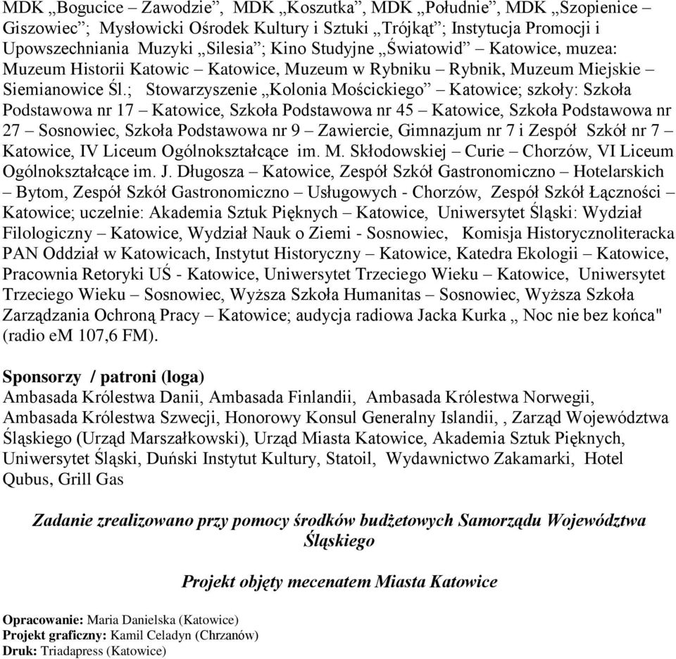 ; Stowarzyszenie Kolonia Mościckiego Katowice; szkoły: Szkoła Podstawowa nr 17 Katowice, Szkoła Podstawowa nr 45 Katowice, Szkoła Podstawowa nr 27 Sosnowiec, Szkoła Podstawowa nr 9 Zawiercie,