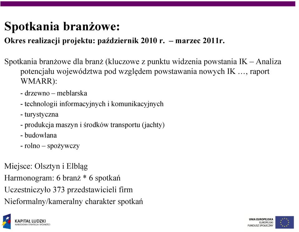 IK, raport WMARR): - drzewno meblarska - technologii informacyjnych i komunikacyjnych - turystyczna - produkcja maszyn i środków