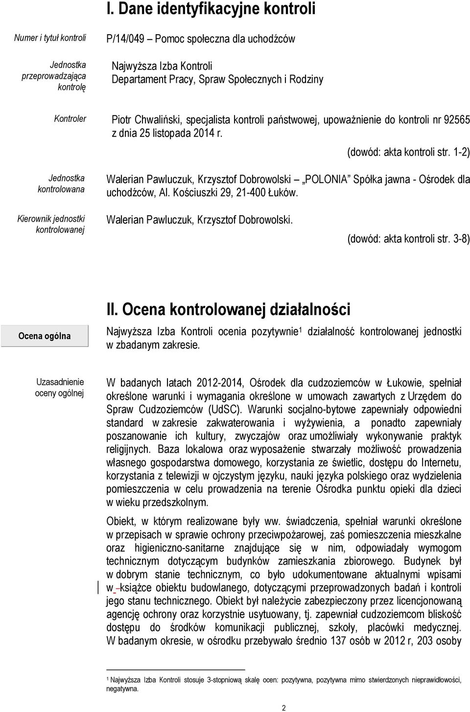 1-2) Jednostka kontrolowana Walerian Pawluczuk, Krzysztof Dobrowolski POLONIA Spółka jawna - Ośrodek dla uchodźców, Al. Kościuszki 29, 21-400 Łuków.