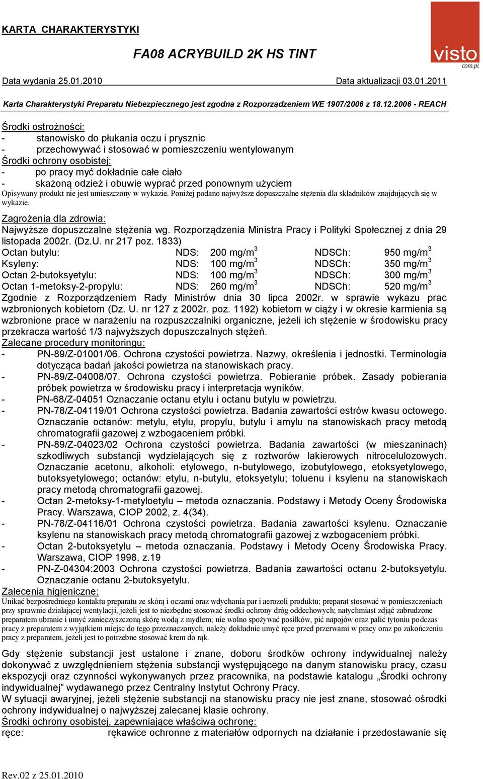 Zagrożenia dla zdrowia: Najwyższe dopuszczalne stężenia wg. Rozporządzenia Ministra Pracy i Polityki Społecznej z dnia 29 listopada 2002r. (Dz.U. nr 217 poz.