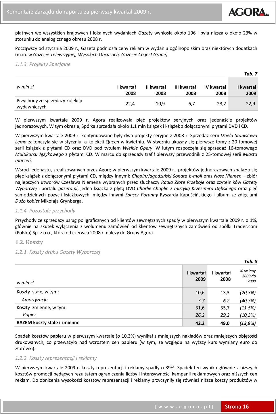 , Gazeta podniosła ceny reklam w wydaniu ogólnopolskim oraz niektórych dodatkach (m.in. w Gazecie Telewizyjnej, Wysokich Obcasach, Gazecie Co jest Grane). 1.1.3. Projekty Specjalne Tab.