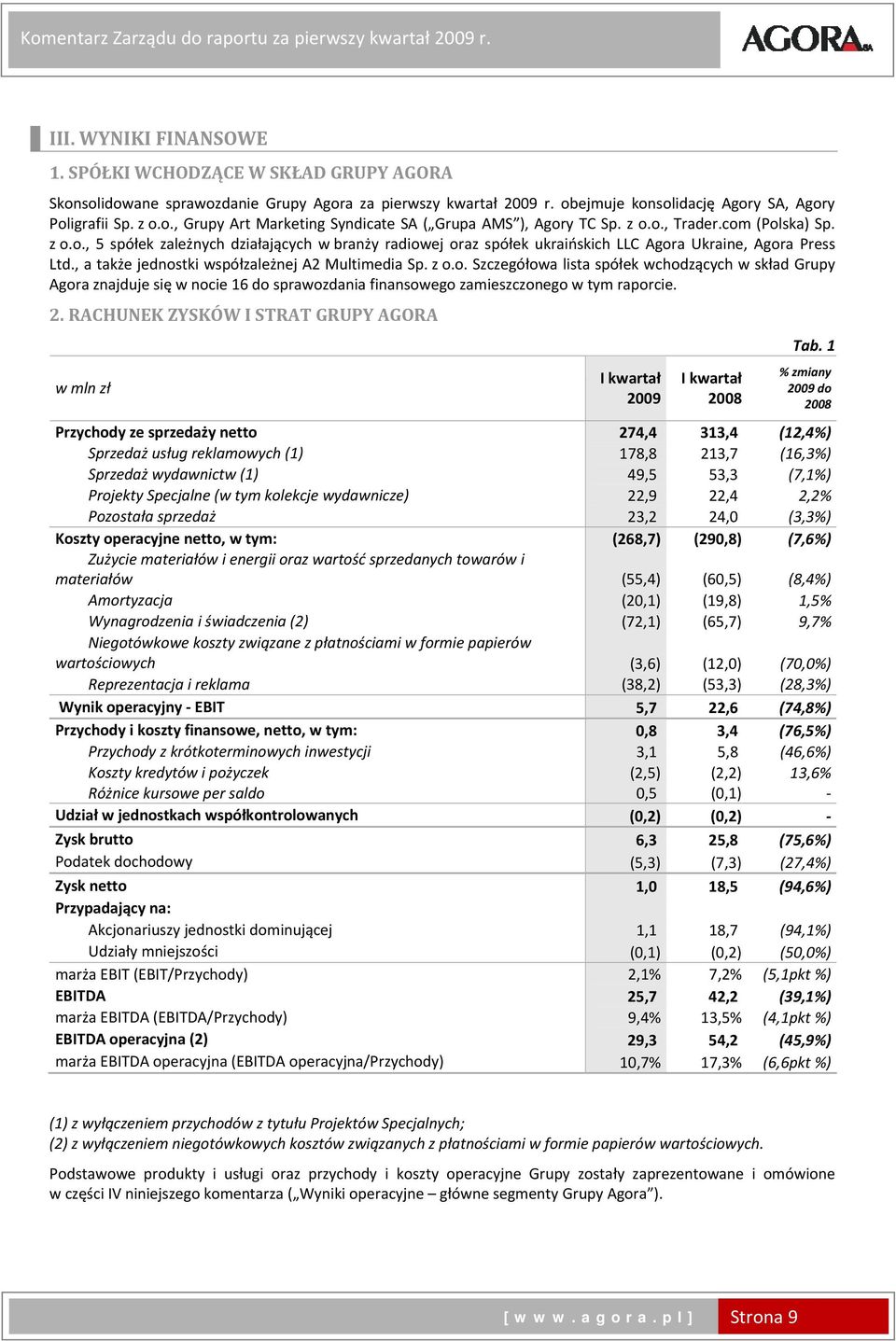 , a także jednostki współzależnej A2 Multimedia Sp. z o.o. Szczegółowa lista spółek wchodzących w skład Grupy Agora znajduje się w nocie 16 do sprawozdania finansowego zamieszczonego w tym raporcie.