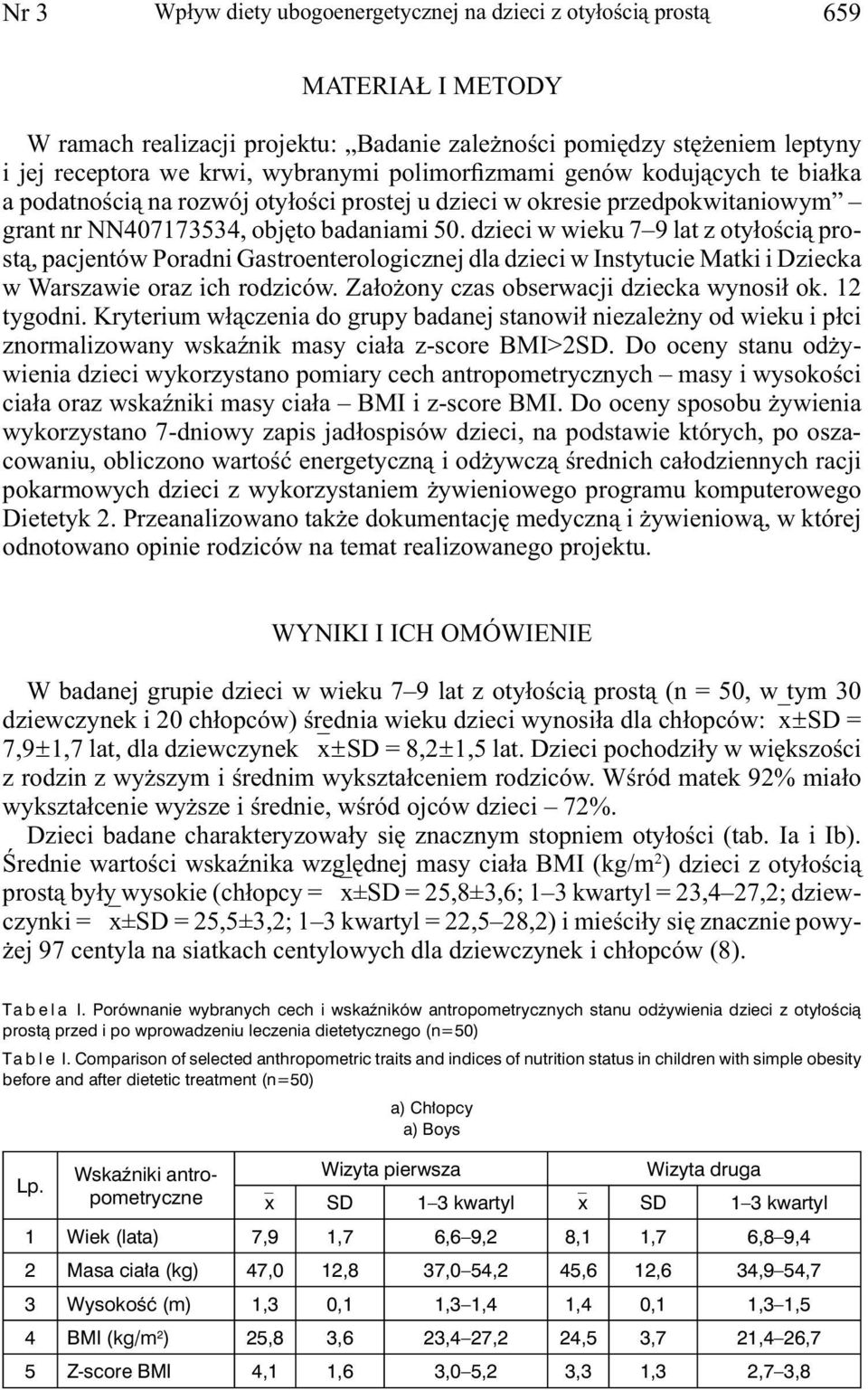 dzieci w wieku 7 9 lat z otyłością prostą, pacjentów Poradni Gastroenterologicznej dla dzieci w Itytucie Matki i Dziecka w Warszawie oraz ich rodziców. Założony czas obserwacji dziecka wynosił ok.