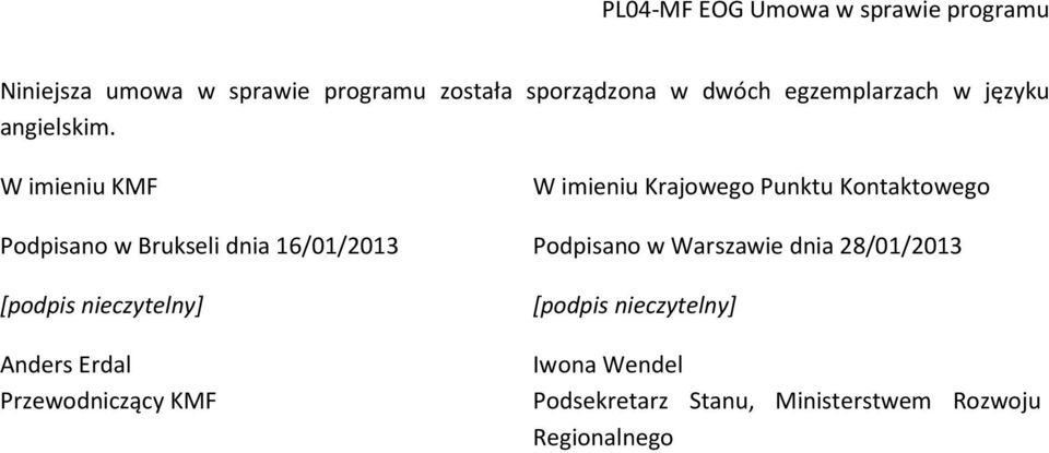 W imieniu KMF W imieniu Krajowego Punktu Kontaktowego Podpisano w Brukseli dnia 16/01/2013