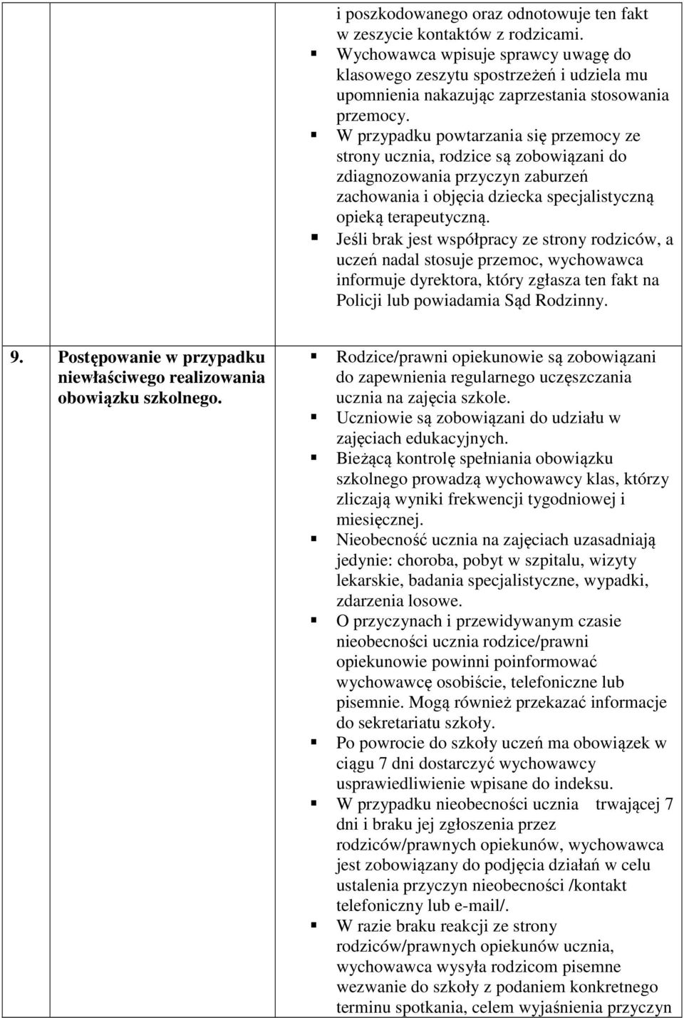 W przypadku powtarzania się przemocy ze strony ucznia, rodzice są zobowiązani do zdiagnozowania przyczyn zaburzeń zachowania i objęcia dziecka specjalistyczną opieką terapeutyczną.