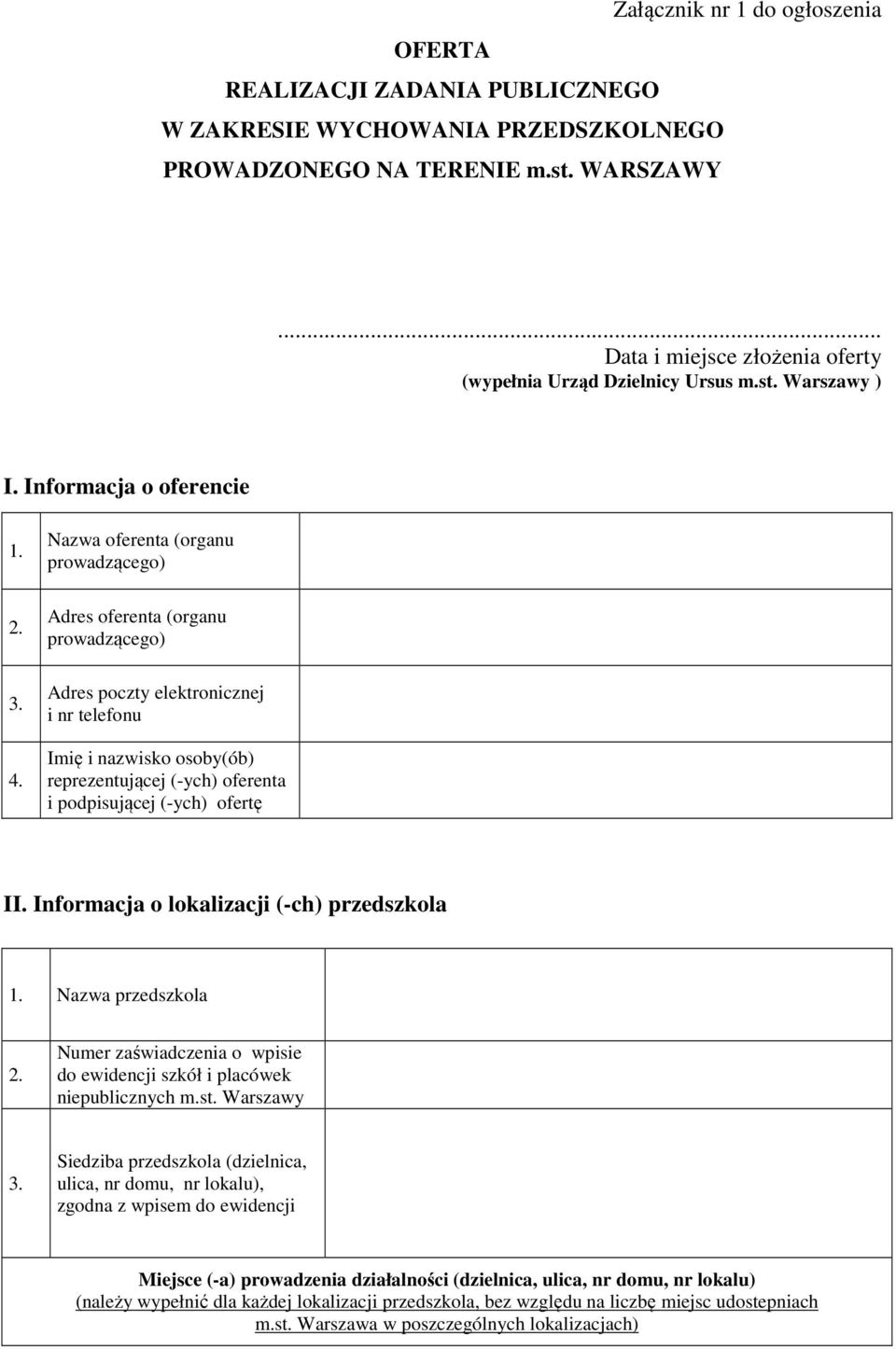 Nazwa oferenta (organu prowadzącego) Adres oferenta (organu prowadzącego) Adres poczty elektronicznej i nr telefonu Imię i nazwisko osoby(ób) reprezentującej (-ych) oferenta i podpisującej (-ych)