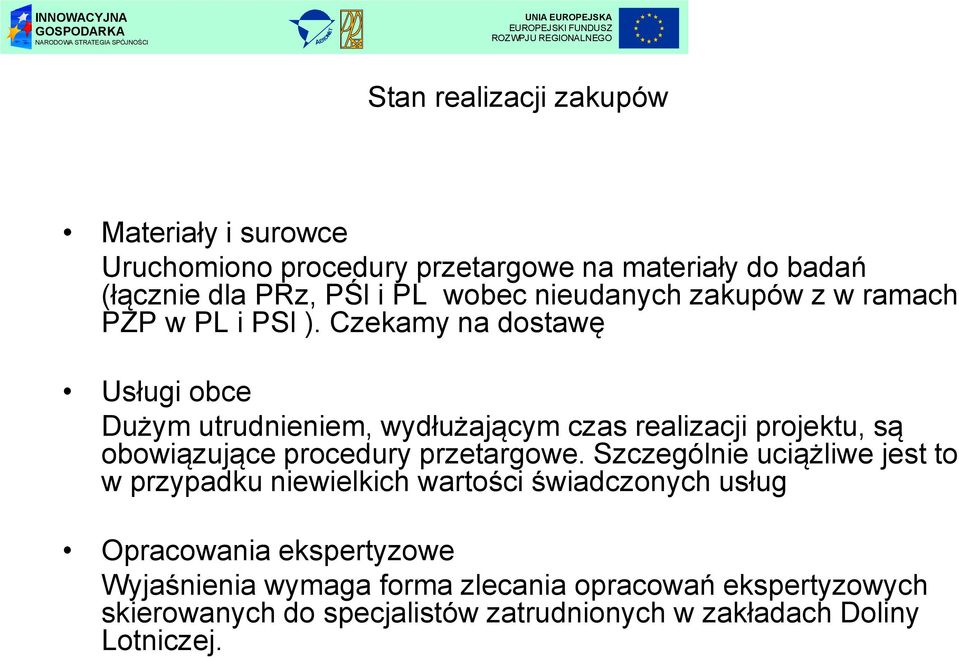 Czekamy na dostawę Usługi obce Dużym utrudnieniem, wydłużającym czas realizacji projektu, są obowiązujące procedury przetargowe.