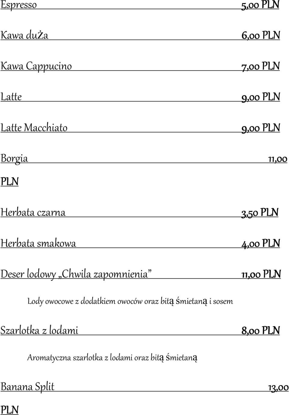 zapomnienia 11,00 Lody owocowe z dodatkiem owoców oraz bitą śmietaną i sosem