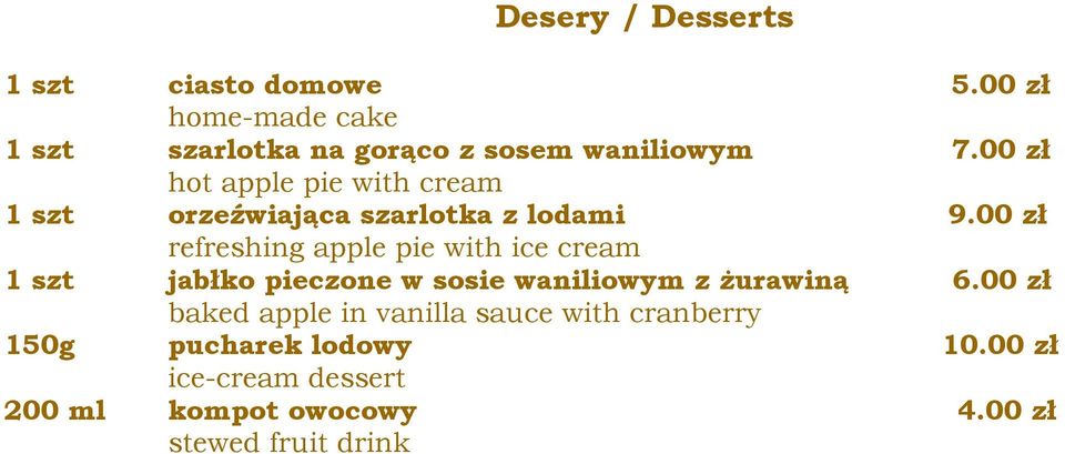 00 zł hot apple pie with cream 1 szt orzeźwiająca szarlotka z lodami 9.