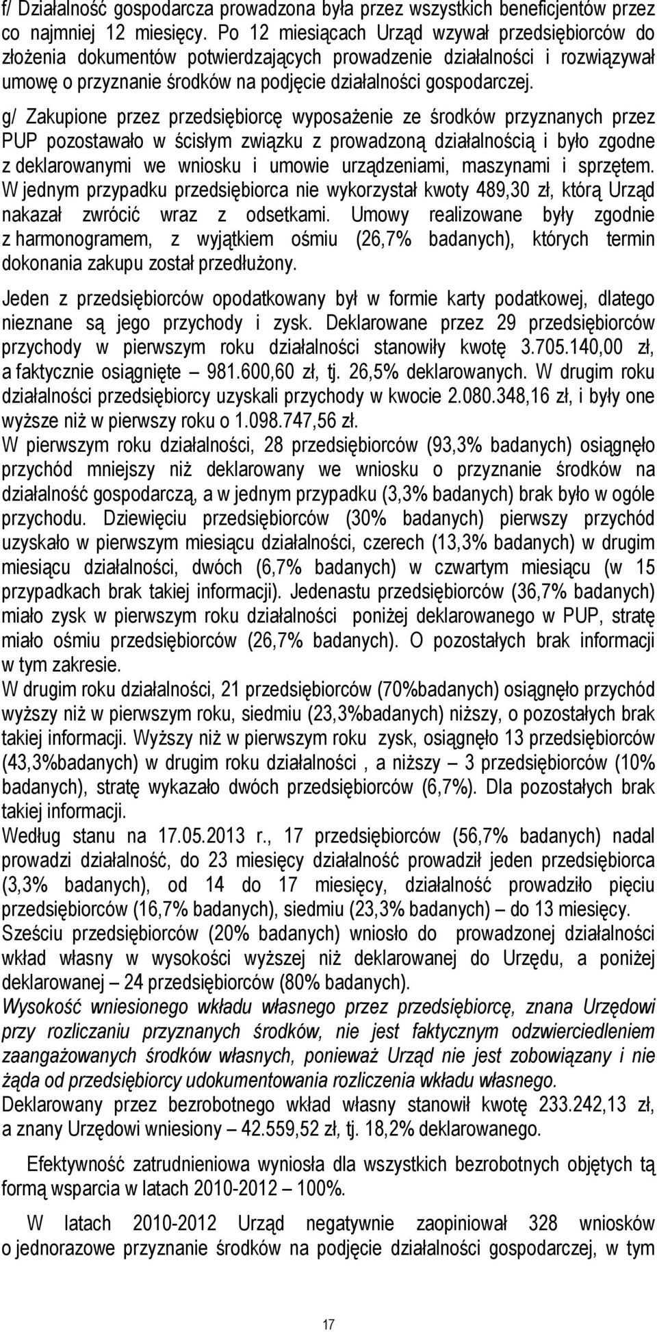 g/ Zakupione przez przedsiębiorcę wyposażenie ze środków przyznanych przez PUP pozostawało w ścisłym związku z prowadzoną działalnością i było zgodne z deklarowanymi we wniosku i umowie urządzeniami,
