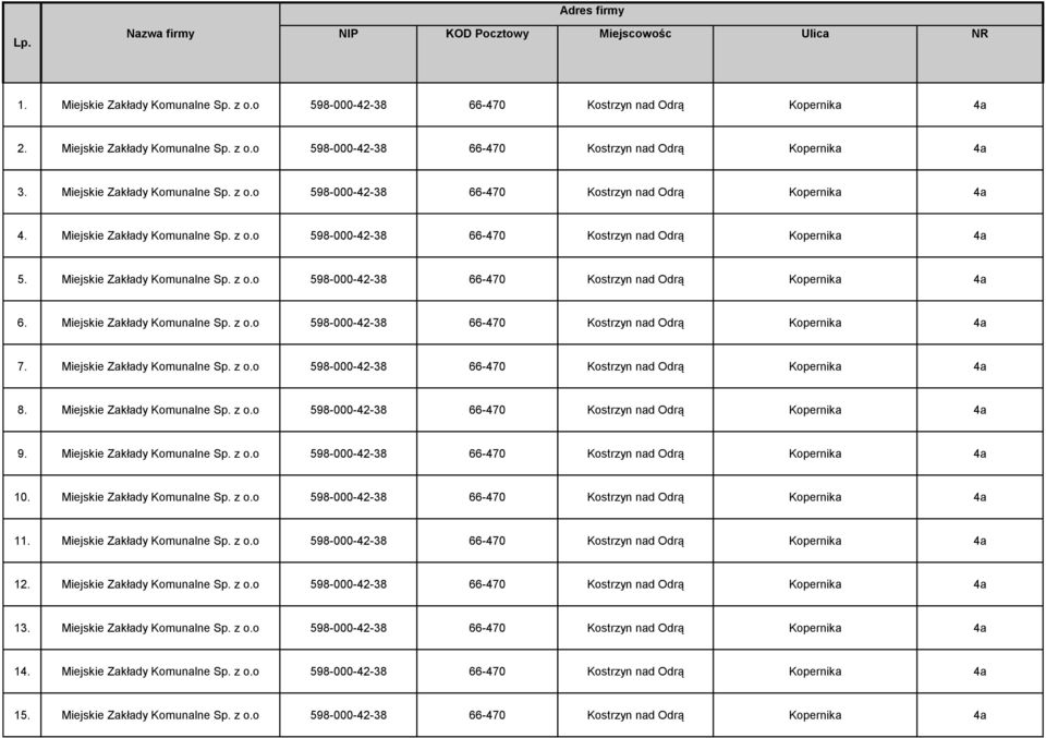 Miejskie Zakłady Komunalne Sp. z o.o 598-000-42-38 Kopernika 4a 7. Miejskie Zakłady Komunalne Sp. z o.o 598-000-42-38 Kopernika 4a 8. Miejskie Zakłady Komunalne Sp. z o.o 598-000-42-38 Kopernika 4a 9.