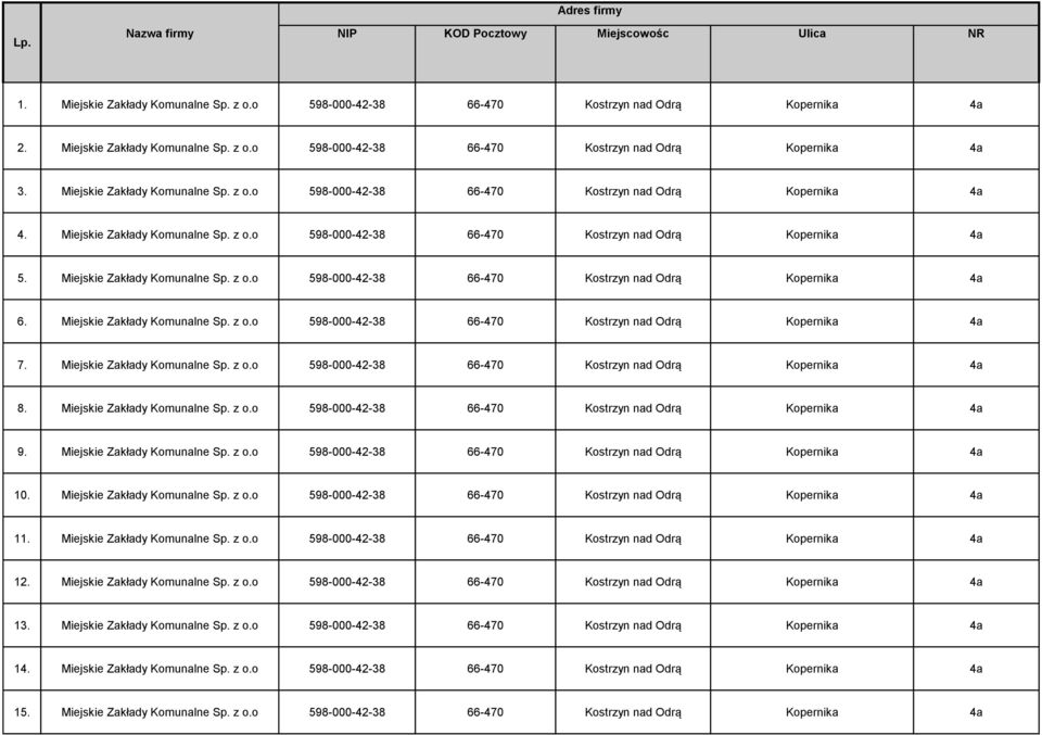 Miejskie Zakłady Komunalne Sp. z o.o 598-000-42-38 Kopernika 4a 7. Miejskie Zakłady Komunalne Sp. z o.o 598-000-42-38 Kopernika 4a 8. Miejskie Zakłady Komunalne Sp. z o.o 598-000-42-38 Kopernika 4a 9.