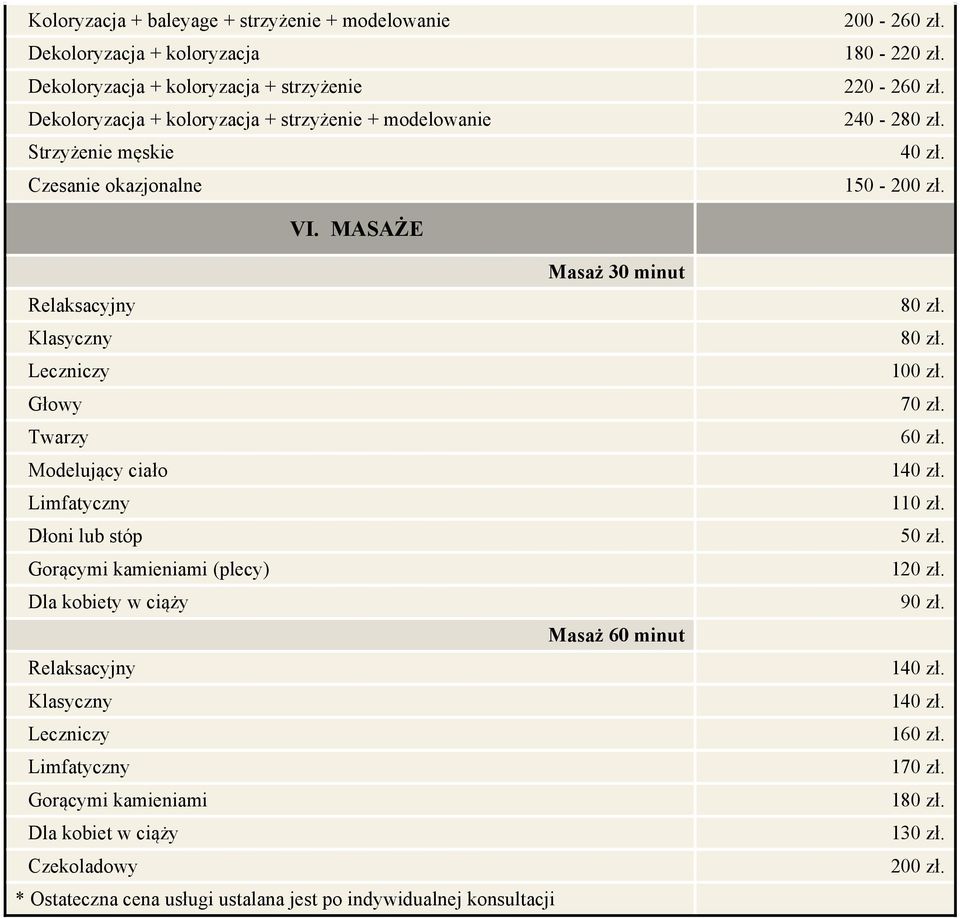 MASAŻE Masaż 30 minut Relaksacyjny Klasyczny Leczniczy Głowy y Modelujący ciało Limfatyczny Dłoni lub stóp Gorącymi kamieniami (plecy) Dla kobiety w ciąży