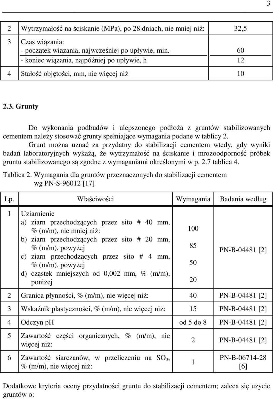 Grunty Do wykonania podbudów i ulepszonego podłoża z gruntów stabilizowanych cementem należy stosować grunty spełniające wymagania podane w tablicy 2.