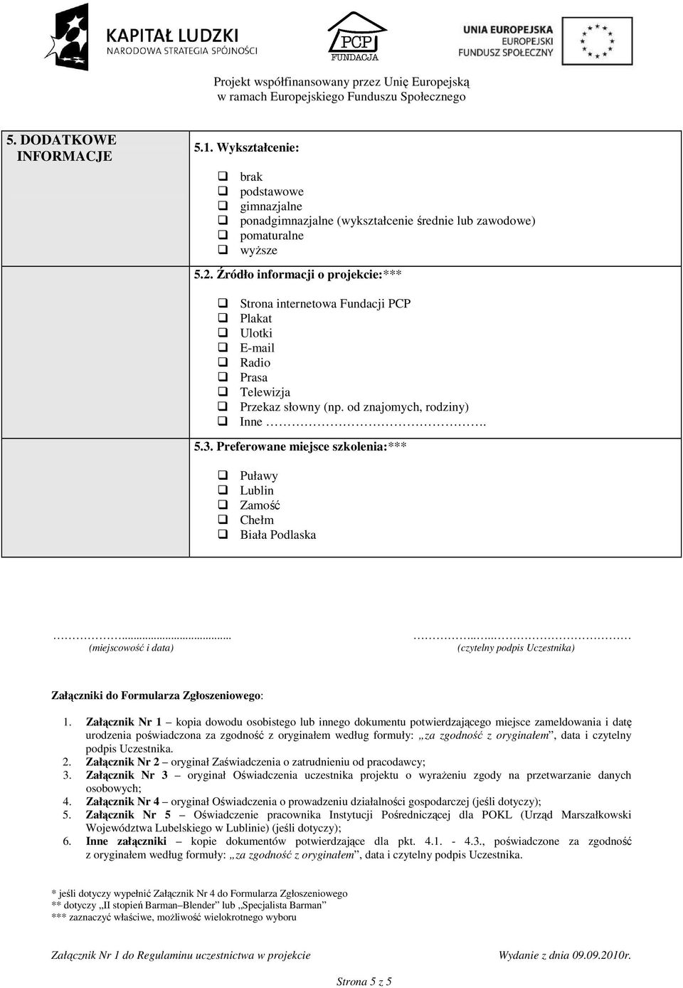 Preferowane miejsce szkolenia:*** Puławy Lublin Zamość Chełm Biała Podlaska... (miejscowość i data).... (czytelny podpis Uczestnika) Załączniki do Formularza Zgłoszeniowego: 1.