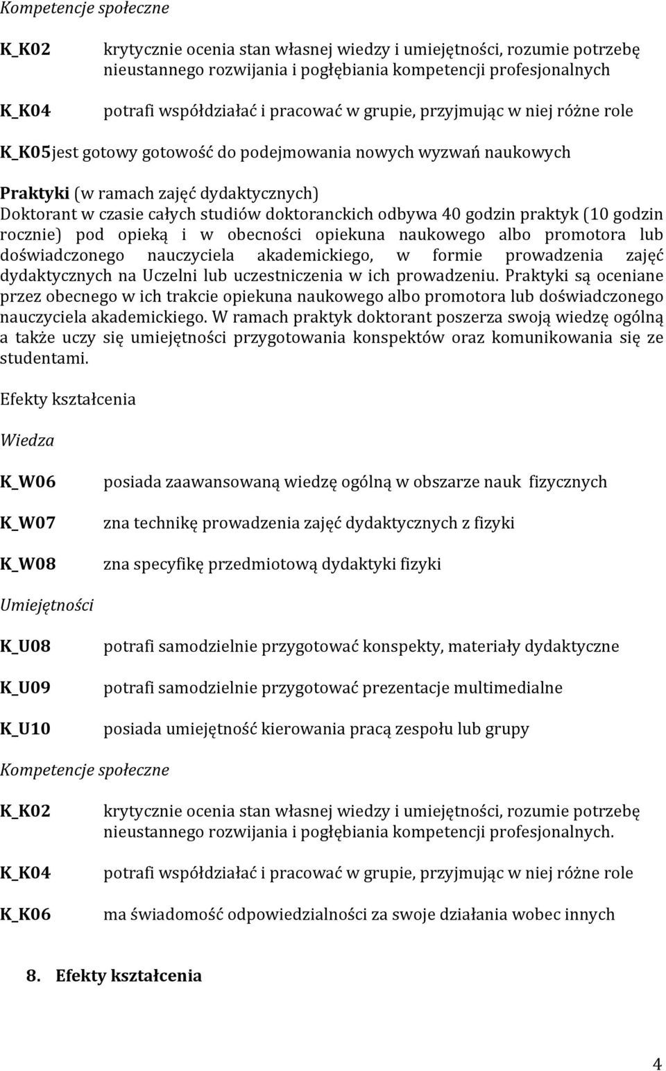 doktoranckich odbywa 40 godzin praktyk (10 godzin rocznie) pod opieką i w obecności opiekuna naukowego albo promotora lub doświadczonego nauczyciela akademickiego, w formie prowadzenia zajęć