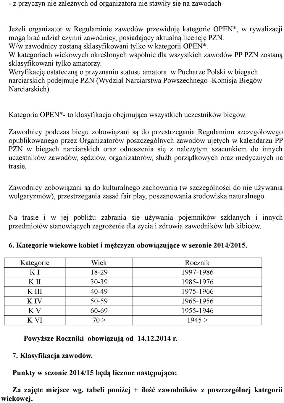 W kategoriach wiekowych określonych wspólnie dla wszystkich zawodów PP PZN zostaną sklasyfikowani tylko amatorzy.