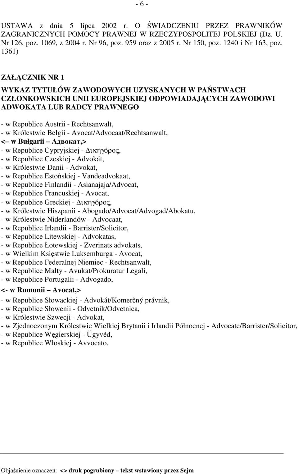 1361) ZAŁĄCZNIK NR 1 WYKAZ TYTUŁÓW ZAWODOWYCH UZYSKANYCH W PAŃSTWACH CZŁONKOWSKICH UNII EUROPEJSKIEJ ODPOWIADAJĄCYCH ZAWODOWI ADWOKATA LUB RADCY PRAWNEGO - w Republice Austrii - Rechtsanwalt, - w