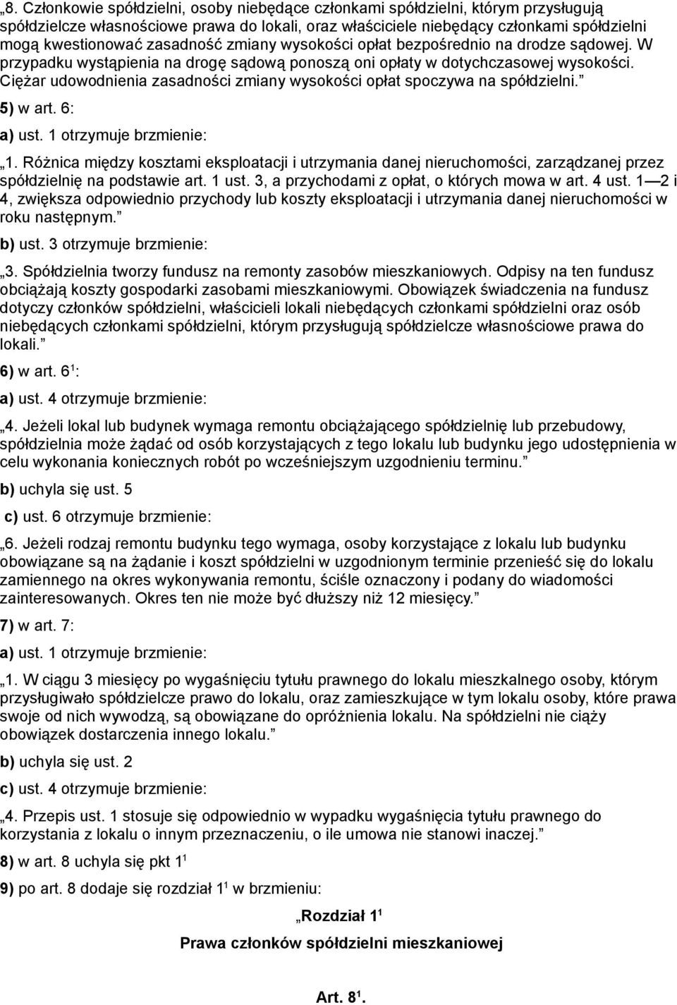 Ciężar udowodnienia zasadności zmiany wysokości opłat spoczywa na spółdzielni. 5) w art. 6: a) ust. 1 otrzymuje brzmienie: 1.