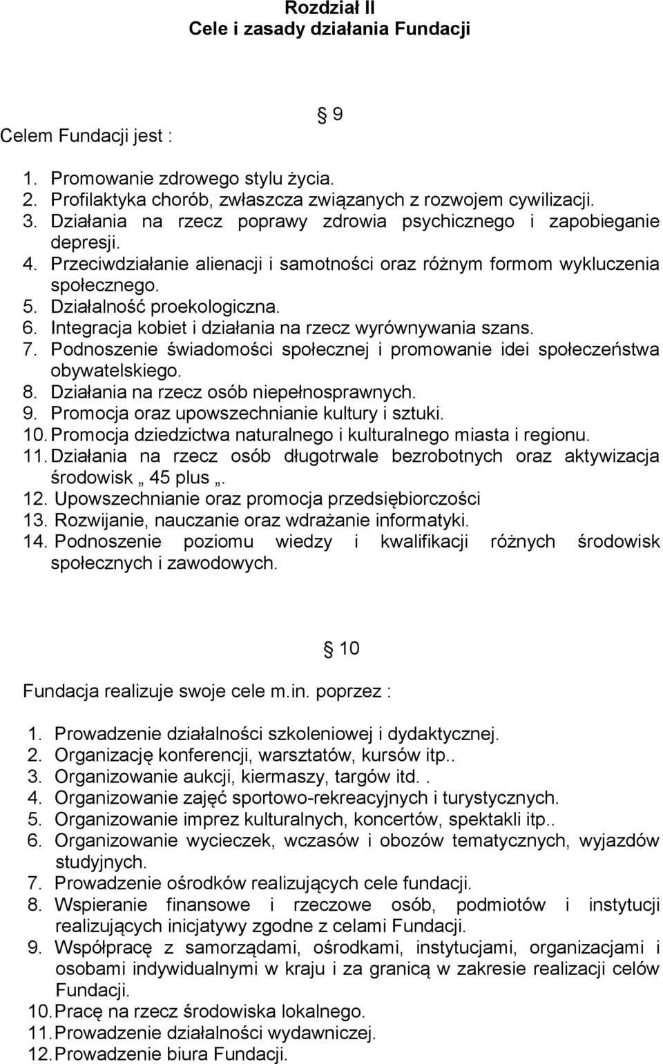 Integracja kobiet i działania na rzecz wyrównywania szans. 7. Podnoszenie świadomości społecznej i promowanie idei społeczeństwa obywatelskiego. 8. Działania na rzecz osób niepełnosprawnych. 9.