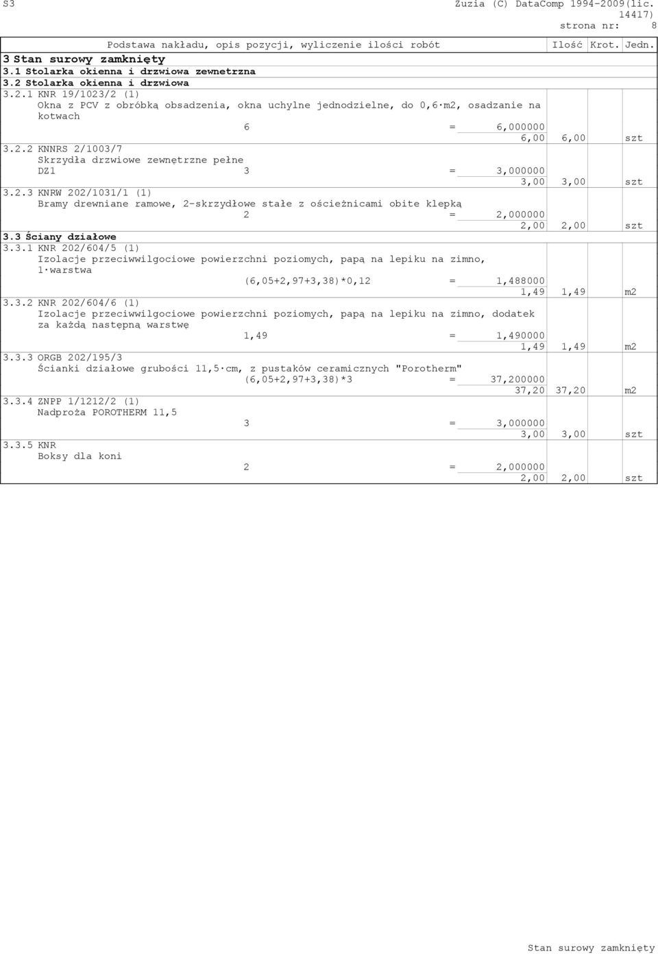2.3 KNRW 202/1031/1 (1) Bramy drewniane ramowe, 2-skrzydłowe stałe z ościeżnicami obite klepką 2 = 2,000000 2,00 2,00 szt 3.3 Ściany działowe 3.3.1 KNR 202/604/5 (1) Izolacje przeciwwilgociowe powierzchni poziomych, papą na lepiku na zimno, 1 warstwa (6,05+2,97+3,38)*0,12 = 1,488000 1,49 1,49 m2 3.