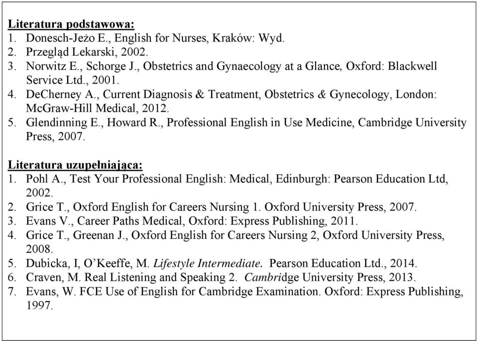 Glendinning E., Howard R., Professional English in Use Medicine, Cambridge University Press, 2007. Literatura uzupełniająca: 1. Pohl A.