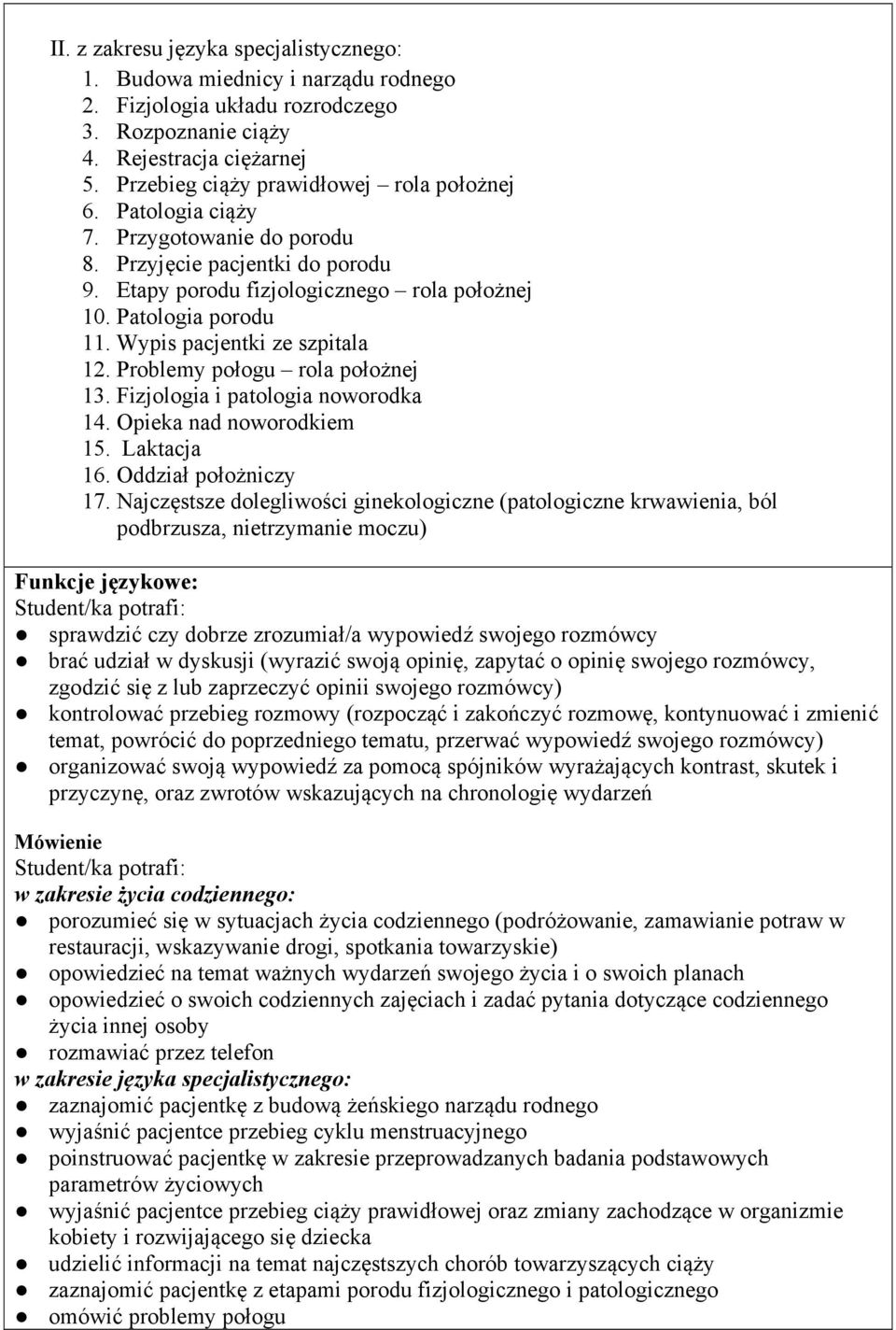 Wypis pacjentki ze szpitala 12. Problemy połogu rola położnej 13. Fizjologia i patologia noworodka 14. Opieka nad noworodkiem 15. Laktacja 16. Oddział położniczy 17.