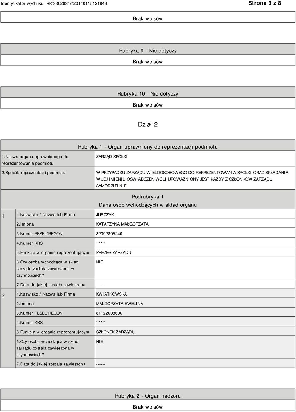 SAMODZIEL 1 1.Nazwisko / Nazwa lub Firma JURCZAK Podrubryka 1 Dane osób wchodzących w skład organu KATARZYNA MAŁGORZATA 3.Numer PESEL/REGON 82092805240 4.Numer KRS **** 5.