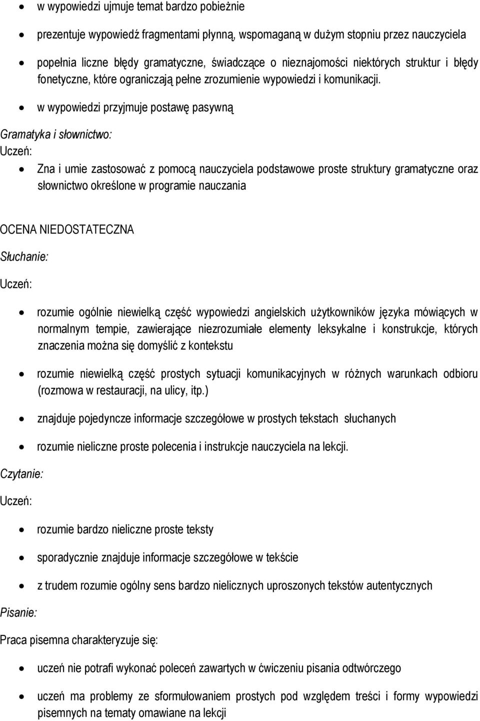 w wypowiedzi przyjmuje postawę pasywną Zna i umie zastosować z pomocą nauczyciela podstawowe proste struktury gramatyczne oraz słownictwo określone w programie nauczania OCENA NIEDOSTATECZNA rozumie