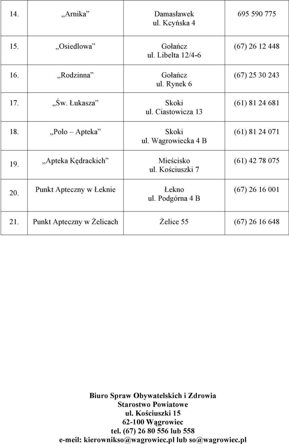 Kościuszki 7 (61) 42 78 075 20. Punkt Apteczny w Łeknie Łekno ul. Podgórna 4 B (67) 26 16 001 21.