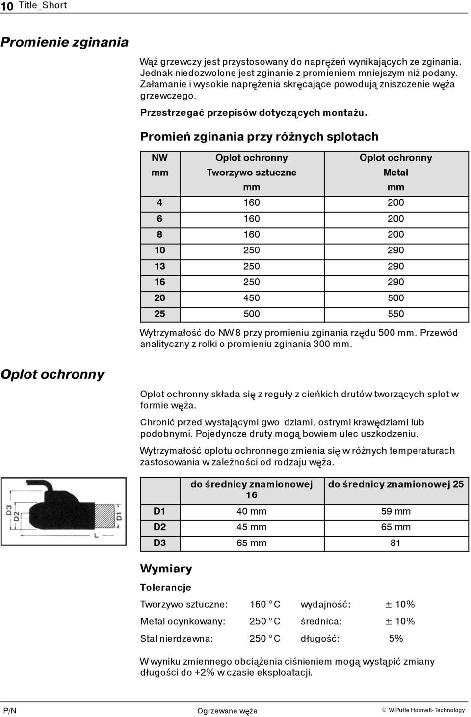 Promień zginania przy różnych splotach NW mm Oplot ochronny Tworzywo sztuczne mm Oplot ochronny Metal mm 4 160 200 6 160 200 8 160 200 10 250 290 13 250 290 16 250 290 20 450 500 25 500 550