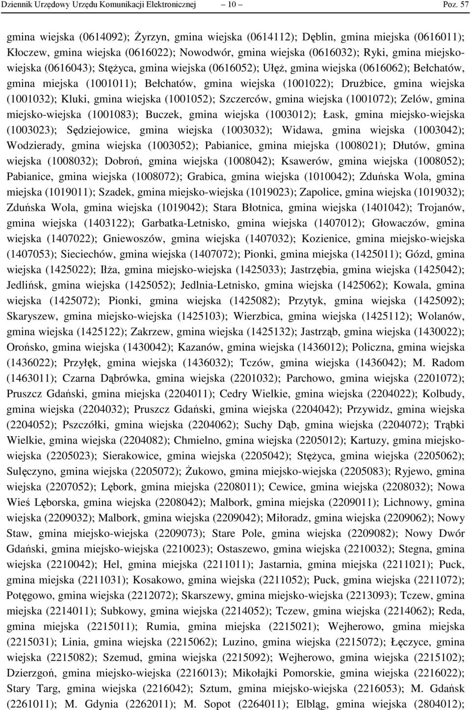 (0616043); Stężyca, gmina wiejska (0616052); Ułęż, gmina wiejska (0616062); Bełchatów, gmina miejska (1001011); Bełchatów, gmina wiejska (1001022); Drużbice, gmina wiejska (1001032); Kluki, gmina