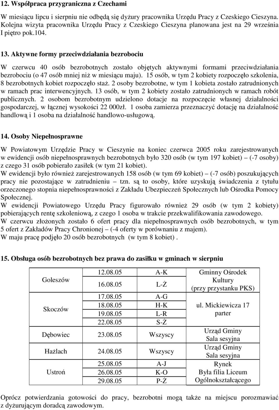 Aktywne formy przeciwdziałania bezrobociu W czerwcu 40 osób bezrobotnych zostało objętych aktywnymi formami przeciwdziałania bezrobociu (o 47 osób mniej niŝ w miesiącu maju).