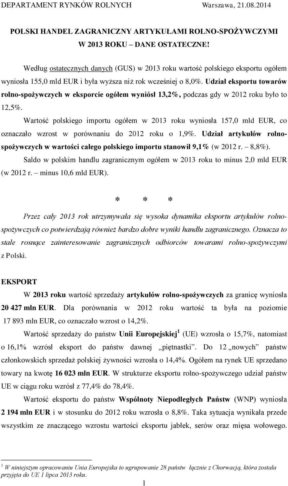 Udział eksportu towarów rolno-spożywczych w eksporcie ogółem wyniósł 13,2%, podczas gdy w 2012 roku było to 12,5%.