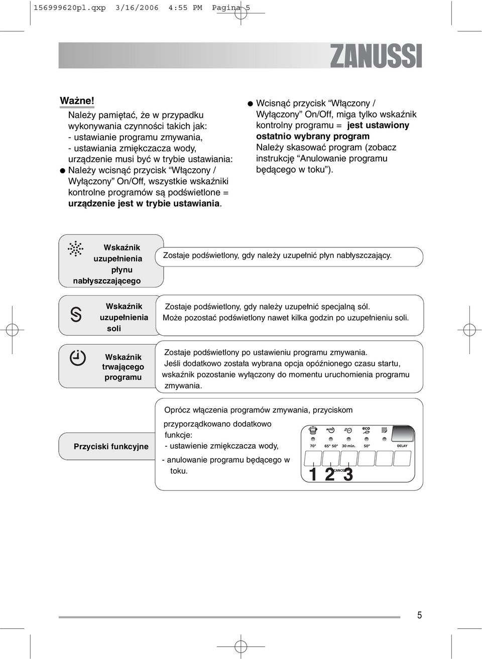 ustawiania: Należy wcisnąć przycisk Włączony / Wyłączony On/Off, wszystkie wskaźniki kontrolne programów są podświetlone = urządzenie jest w trybie ustawiania.