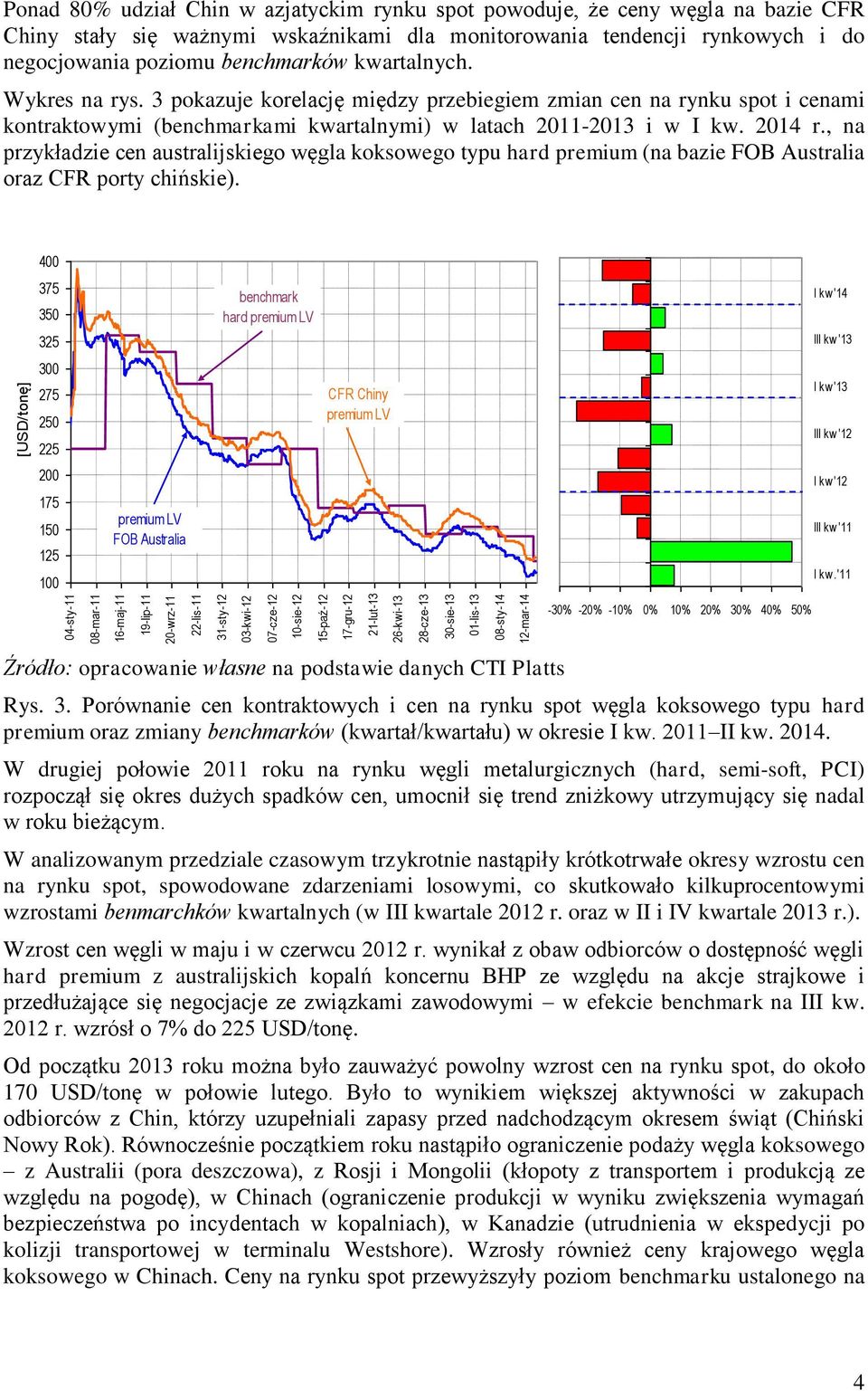 benchmarków kwartalnych. Wykres na rys. 3 pokazuje korelację między przebiegiem zmian cen na rynku spot i cenami kontraktowymi (benchmarkami kwartalnymi) w latach 2011-2013 i w I kw. 2014 r.