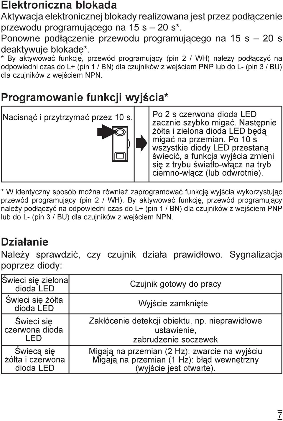 * By aktywować funkcję, przewód programujący (pin / WH) należy podłączyć na odpowiedni czas do L+ (pin 1 / BN) dla czujników z wejściem PNP lub do L- (pin / BU) dla czujników z wejściem NPN.