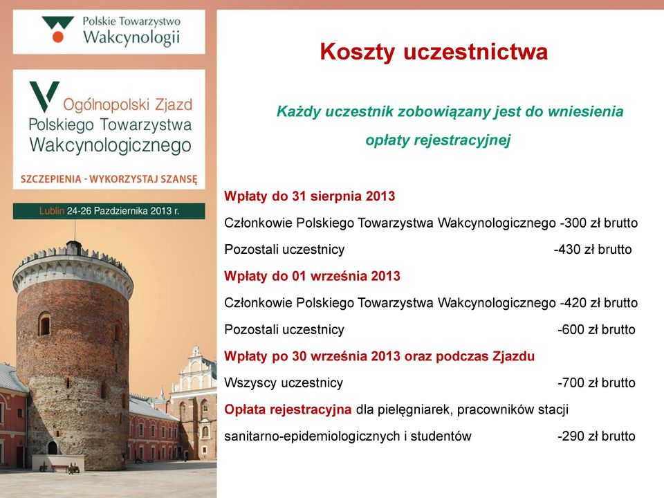 Polskiego Towarzystwa Wakcynologicznego -420 zł brutto Pozostali uczestnicy -600 zł brutto Wpłaty po 30 września 2013 oraz podczas