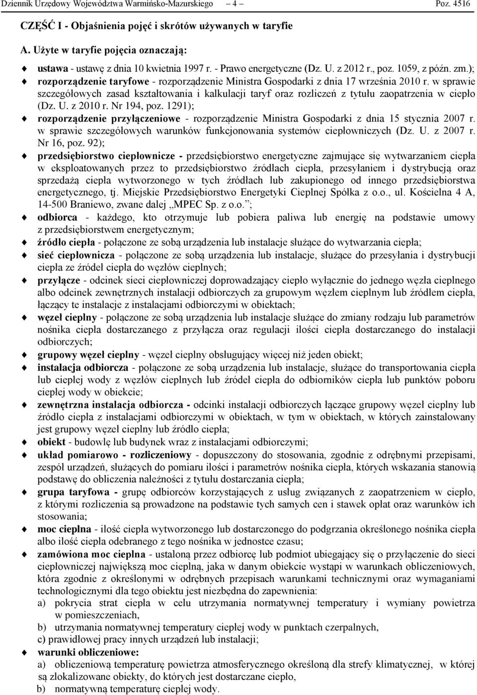 ); rozporządzenie taryfowe - rozporządzenie Ministra Gospodarki z dnia 17 września 2010 r.