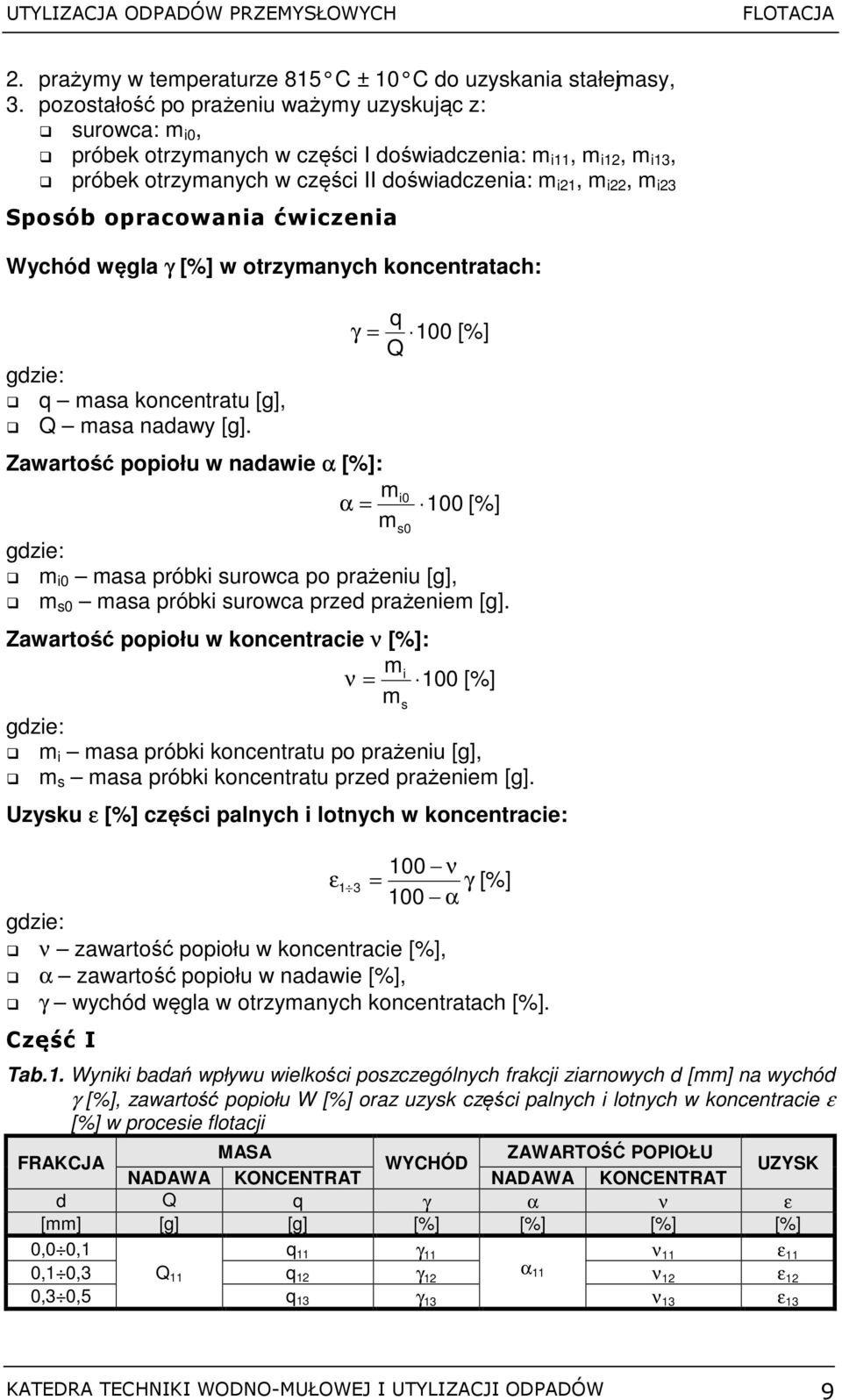 opracowania ćwiczenia Wychód węgla γ [%] w otrzymanych koncentratach: gdzie: q masa koncentratu [g], Q masa nadawy [g].