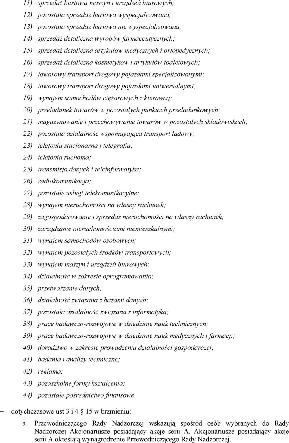 18) towarowy transport drogowy pojazdami uniwersalnymi; 19) wynajem samochodów ciężarowych z kierowcą; 20) przeładunek towarów w pozostałych punktach przeładunkowych; 21) magazynowanie i
