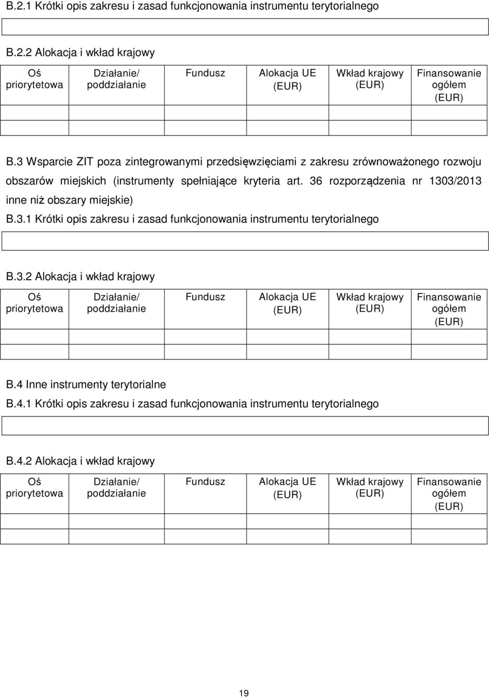 36 rozporządzenia nr 1303/2013 inne niż obszary miejskie) B.3.1 Krótki opis zakresu i zasad funkcjonowania instrumentu terytorialnego B.3.2 Alokacja i wkład krajowy Oś priorytetowa / poddziałanie Fundusz Alokacja UE Wkład krajowy Finansowanie ogółem B.