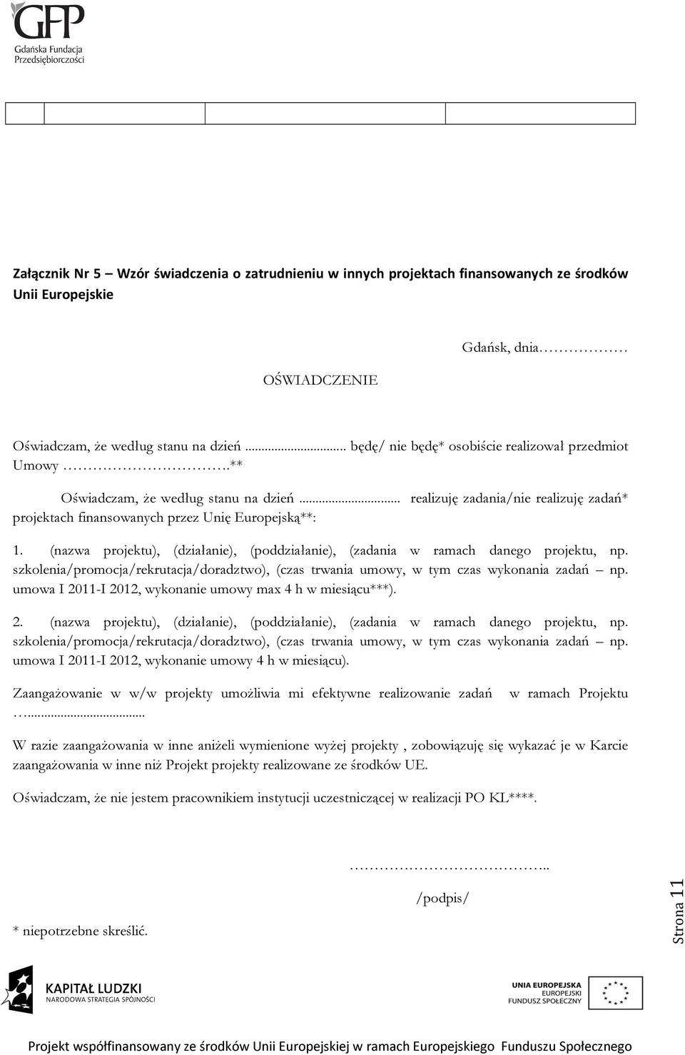 (nazwa projektu), (działanie), (poddziałanie), (zadania w ramach danego projektu, np. szkolenia/promocja/rekrutacja/doradztwo), (czas trwania umowy, w tym czas wykonania zadań np.