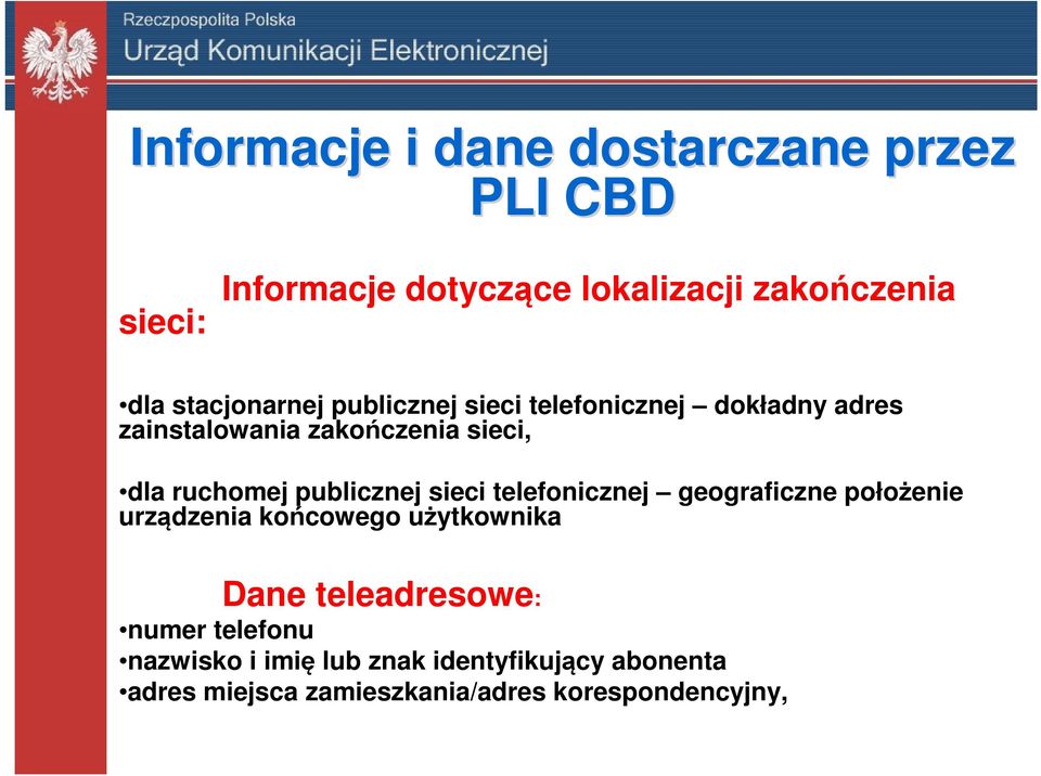 publicznej sieci telefonicznej geograficzne położenie urządzenia końcowego użytkownika Dane teleadresowe: