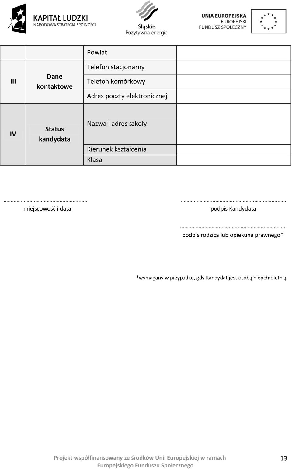 Klasa.... miejscowość i data.... podpis Kandydata.