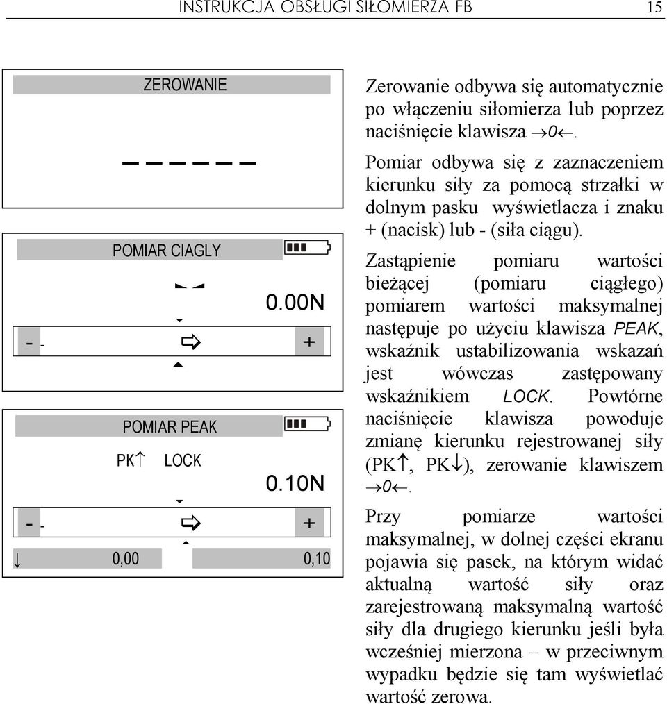 Pomiar odbywa się z zaznaczeniem kierunku siły za pomocą strzałki w dolnym pasku wyświetlacza i znaku + (nacisk) lub - (siła ciągu).