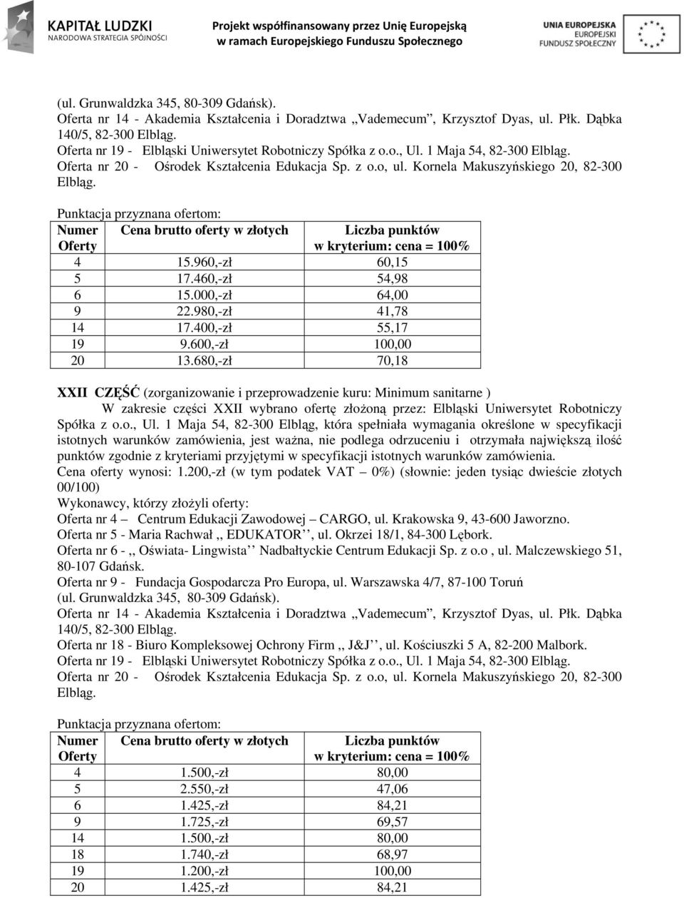 zamówienia, jest ważna, nie podlega odrzuceniu i otrzymała największą ilość punktów Cena oferty wynosi: 1.